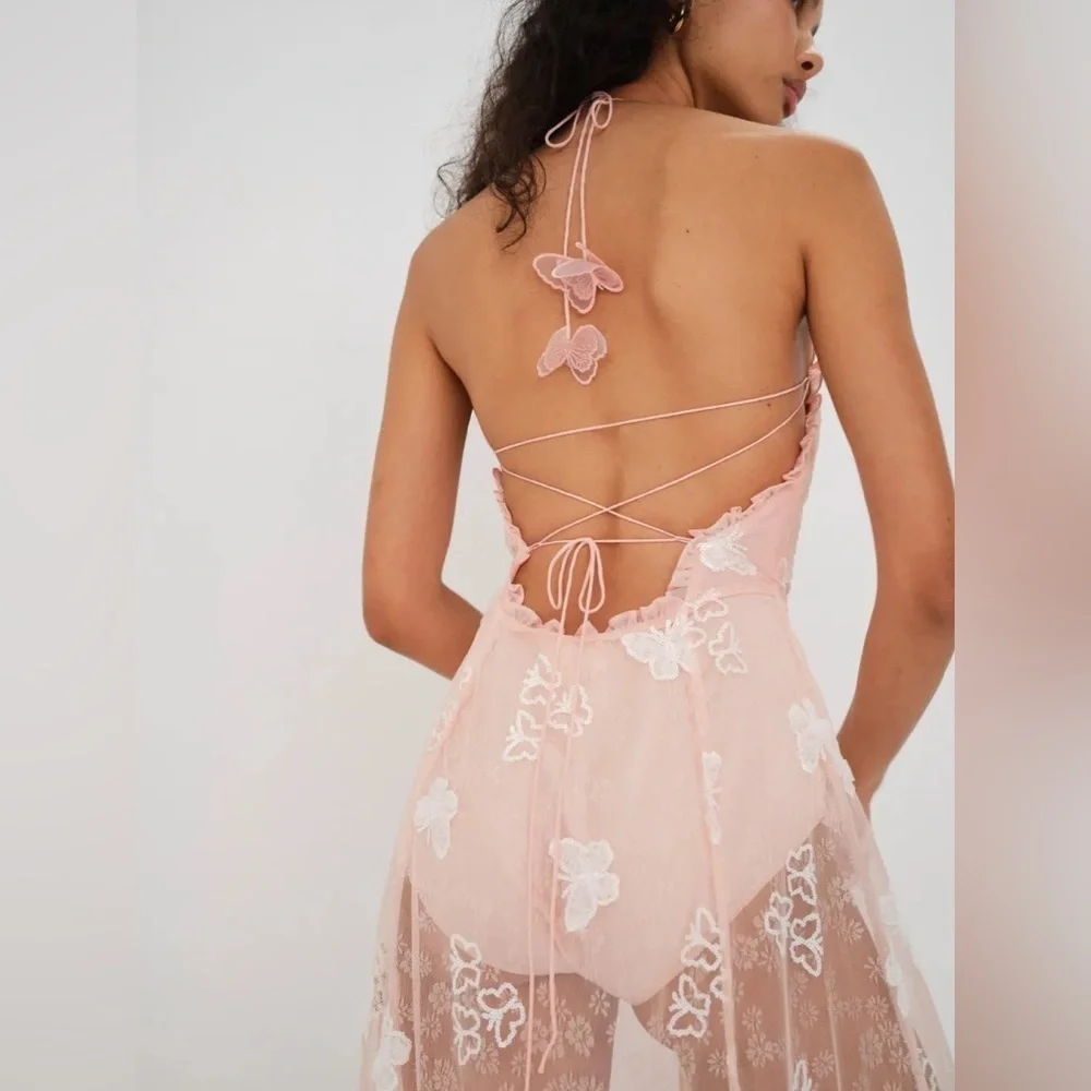 New! For Love & Lemons Beckett Lace Sheer Butterfly Sequin Bodysuit Maxi Dress M - Picture 7 of 16